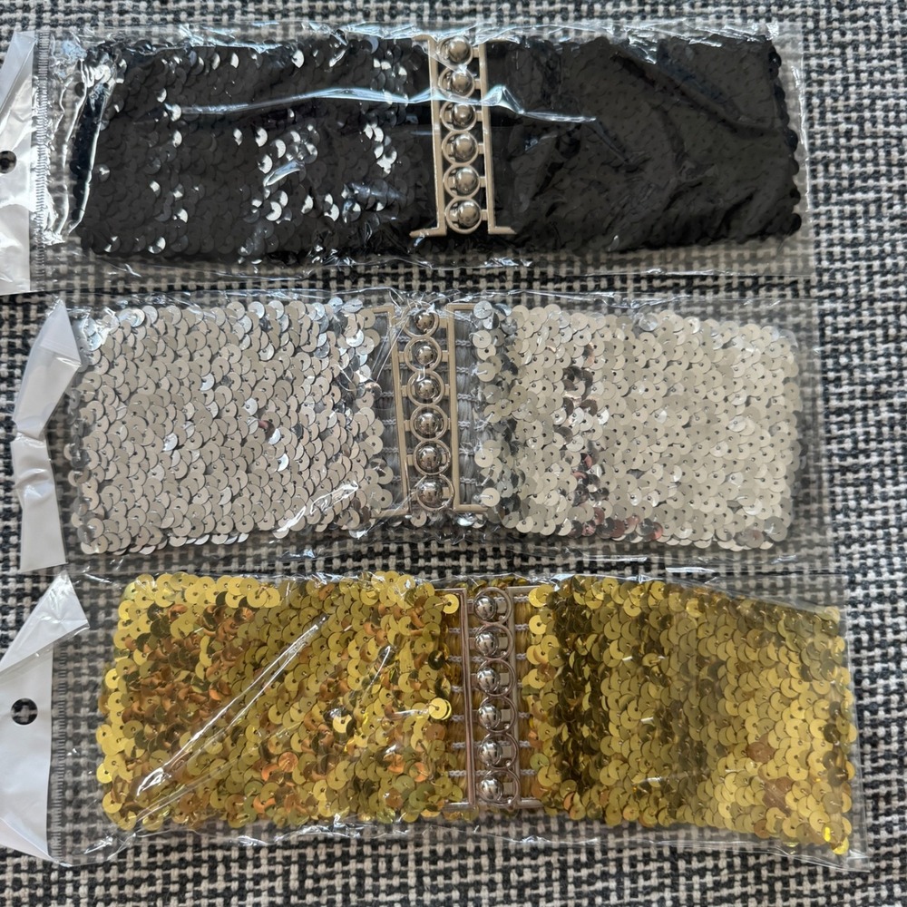 3 Pcs Sequin Glitter Dressy Belt Set Black Silver Gold Wide Elastic Cinch